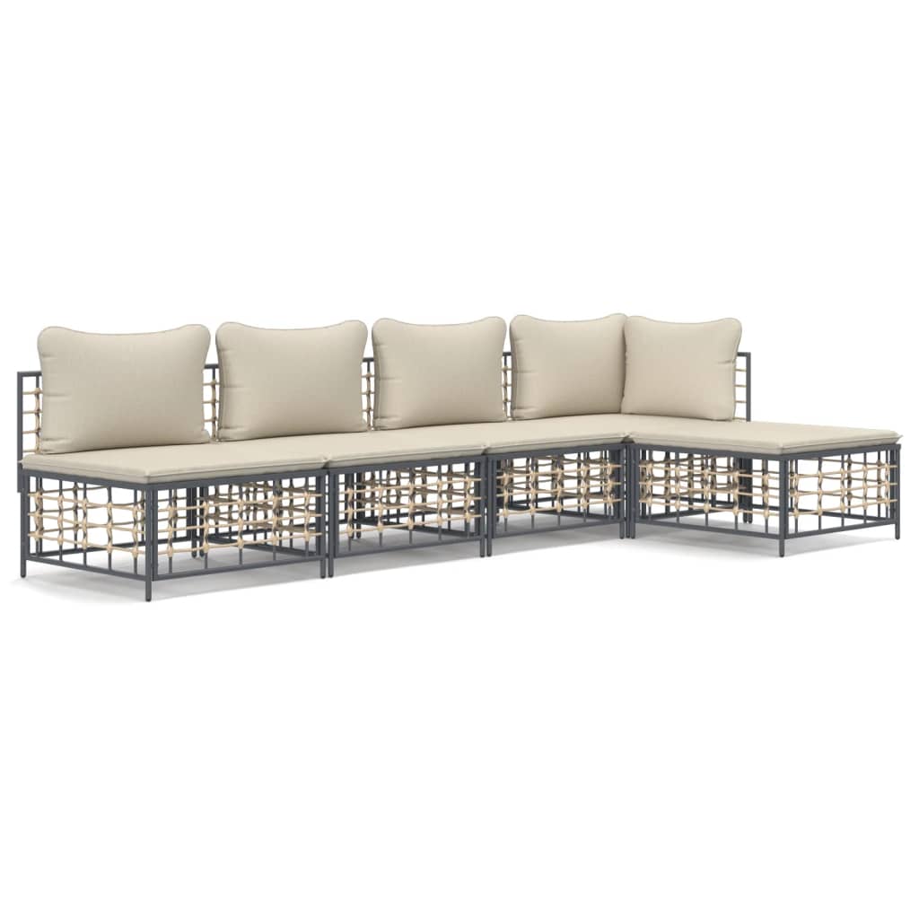 5-Delige Loungeset Met Kussens Poly Rattan Antracietkleurig 1 Beige hoek + 3x midden + voetensteun