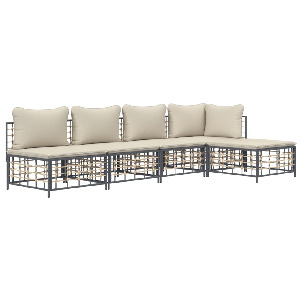 5-Delige Loungeset Met Kussens Poly Rattan Antracietkleurig 1 Beige hoek + 3x midden + voetensteun