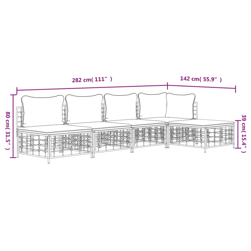 5-Delige Loungeset Met Kussens Poly Rattan Antracietkleurig 1 Beige hoek + 3x midden + voetensteun