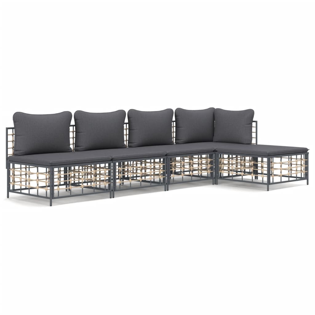 5-Delige Loungeset Met Kussens Poly Rattan Antracietkleurig 1 Donkergrijs hoek + 3x midden + voetensteun