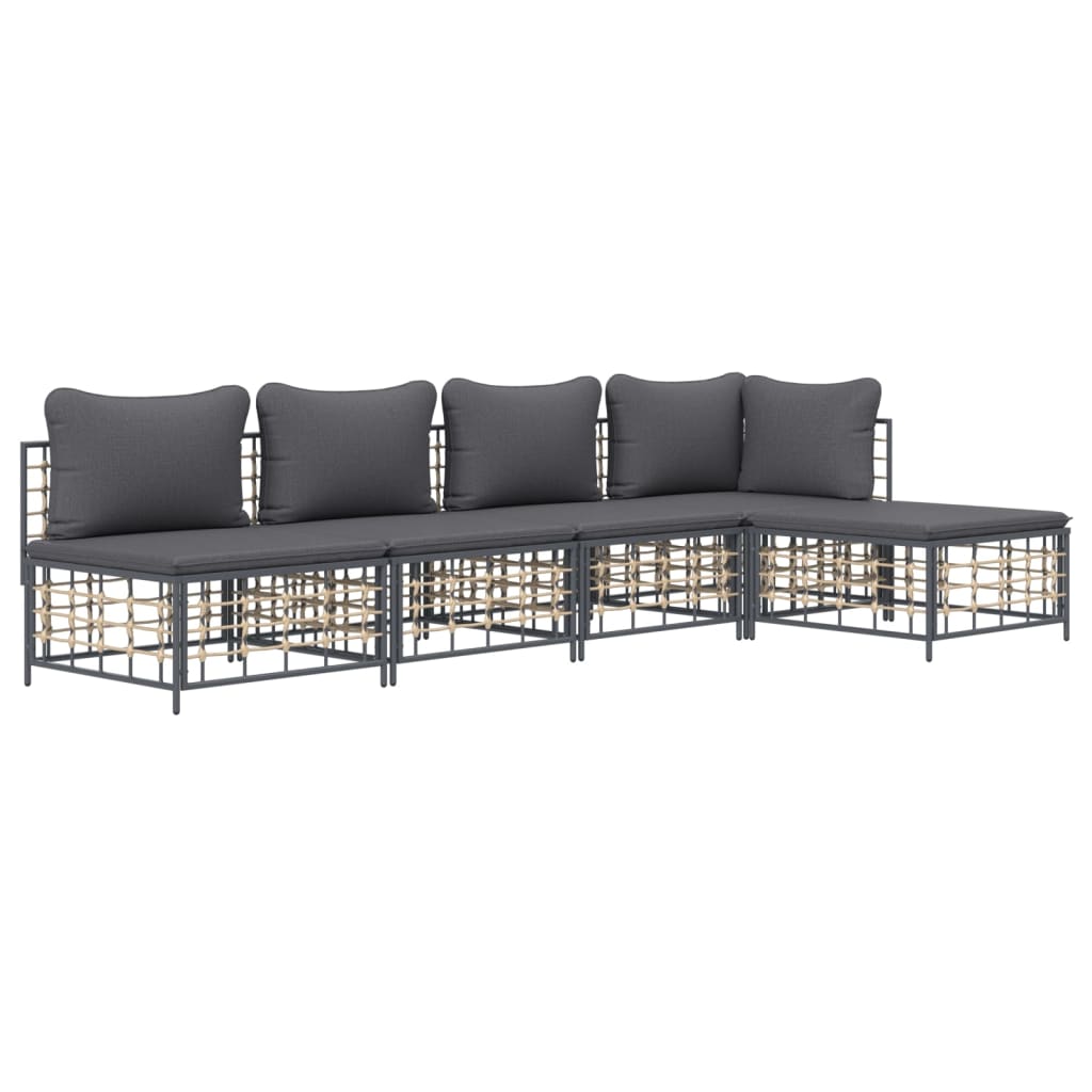 5-Delige Loungeset Met Kussens Poly Rattan Antracietkleurig 1 Donkergrijs hoek + 3x midden + voetensteun