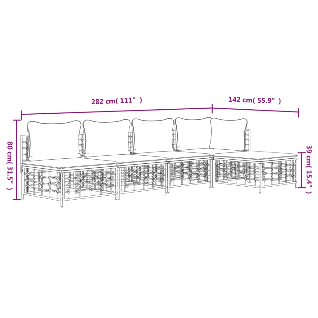 5-Delige Loungeset Met Kussens Poly Rattan Antracietkleurig 1 Donkergrijs hoek + 3x midden + voetensteun