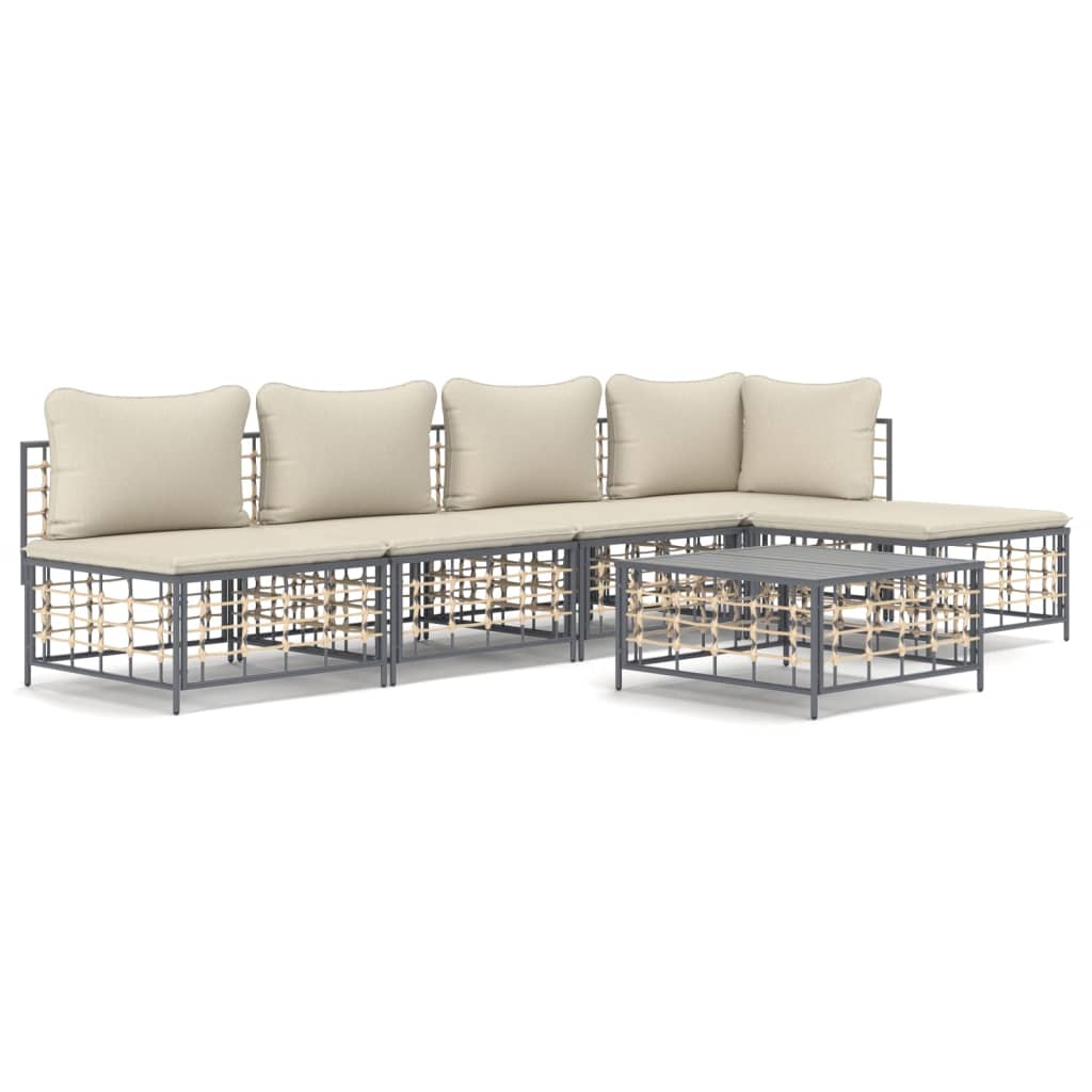 6-Delige Loungeset Met Kussens Poly Rattan Antracietkleurig 1 Beige hoek + 3x midden + voetensteun + Tafel