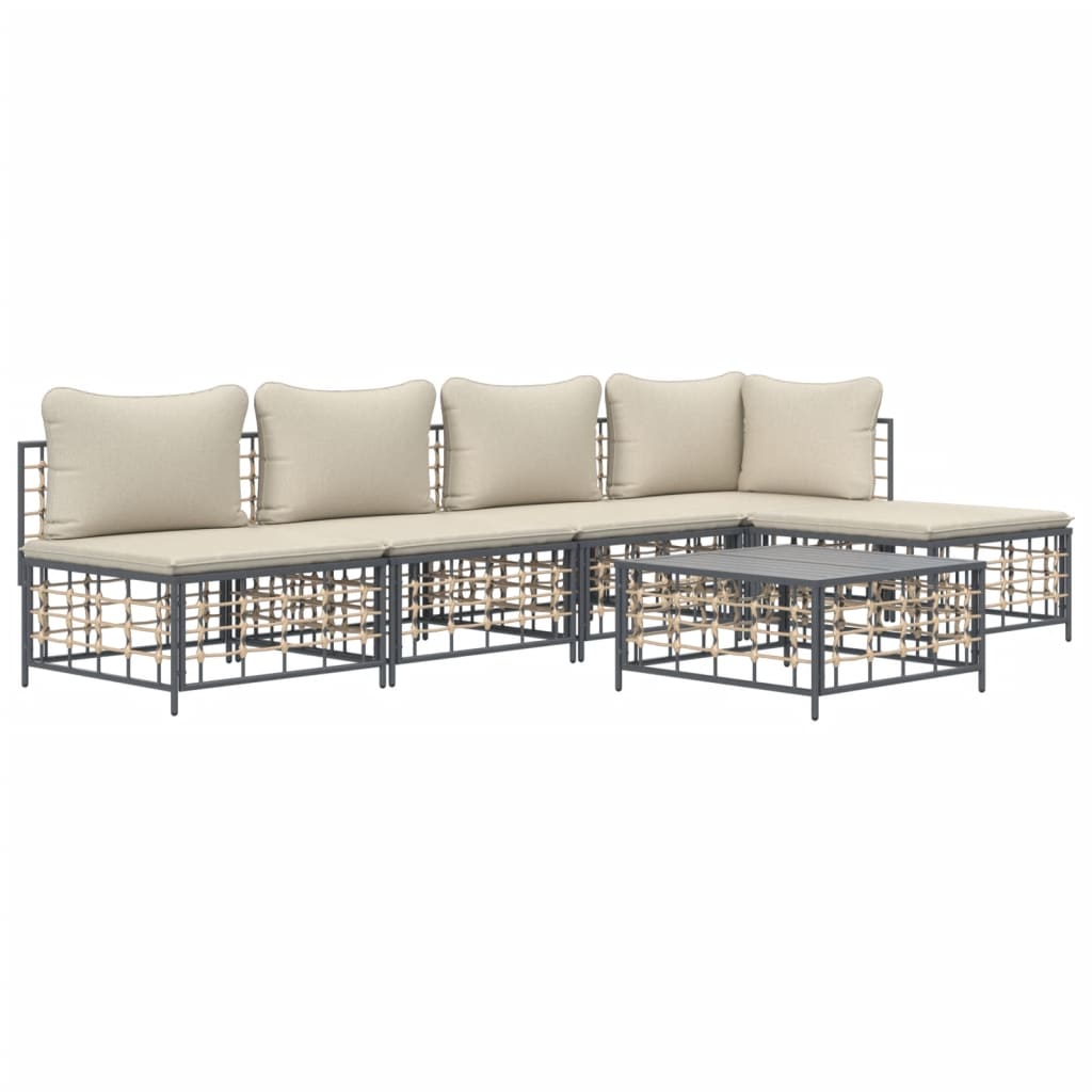 6-Delige Loungeset Met Kussens Poly Rattan Antracietkleurig 1 Beige hoek + 3x midden + voetensteun + Tafel