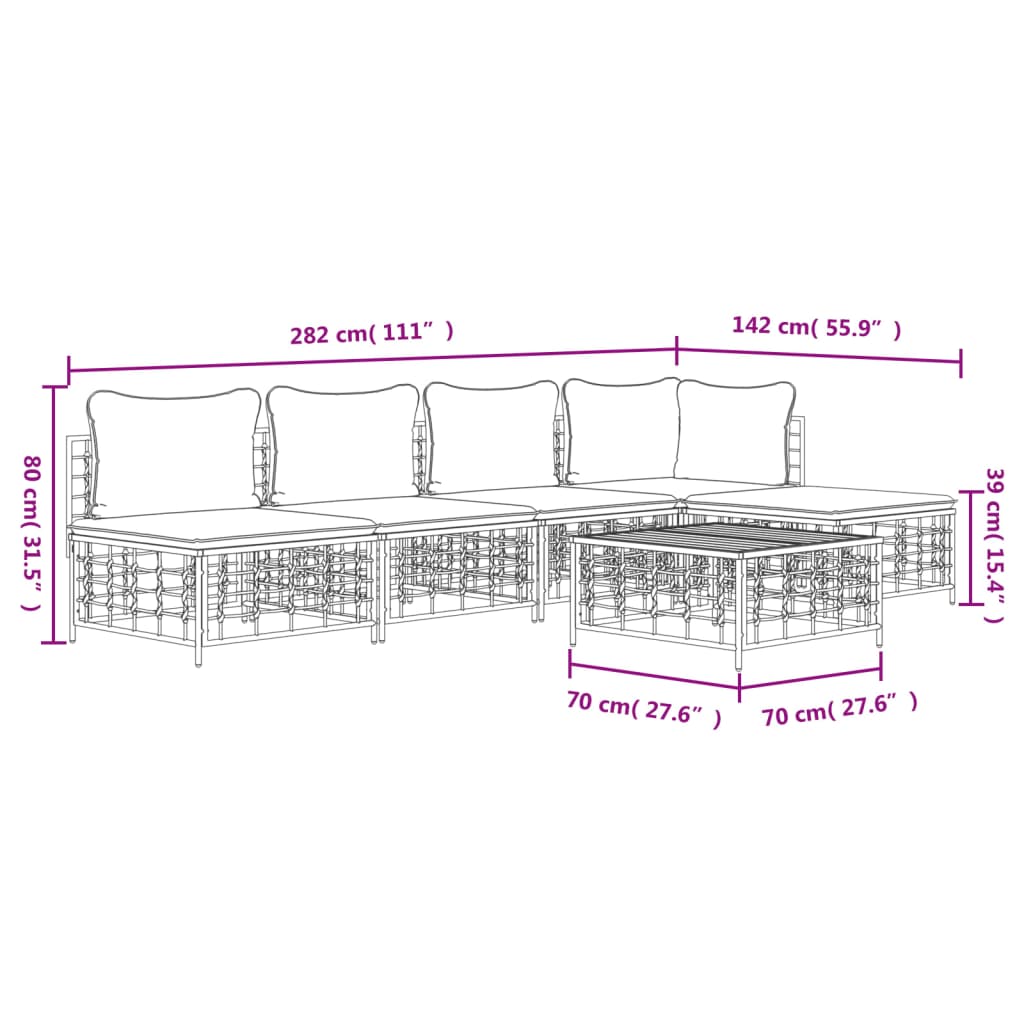 6-Delige Loungeset Met Kussens Poly Rattan Antracietkleurig 1 Beige hoek + 3x midden + voetensteun + Tafel