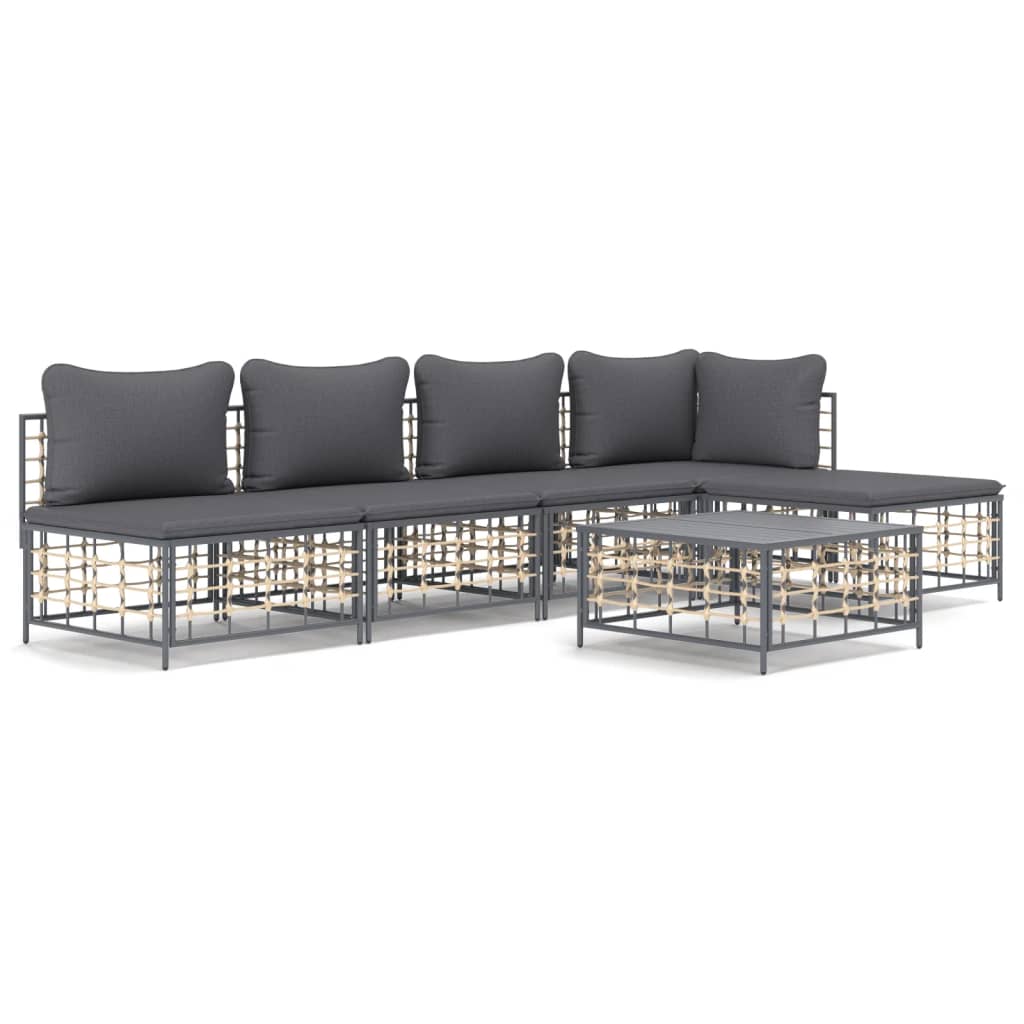 6-Delige Loungeset Met Kussens Poly Rattan Antracietkleurig 1 Donkergrijs hoek + 3x midden + voetensteun + Tafel