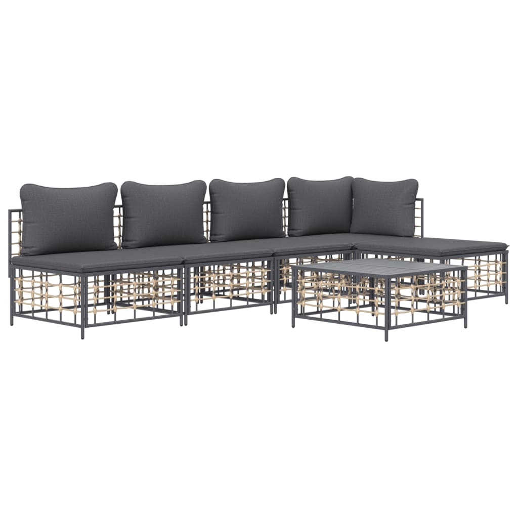 6-Delige Loungeset Met Kussens Poly Rattan Antracietkleurig 1 Donkergrijs hoek + 3x midden + voetensteun + Tafel