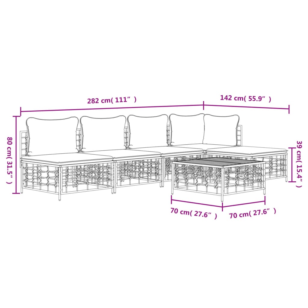 6-Delige Loungeset Met Kussens Poly Rattan Antracietkleurig 1 Donkergrijs hoek + 3x midden + voetensteun + Tafel