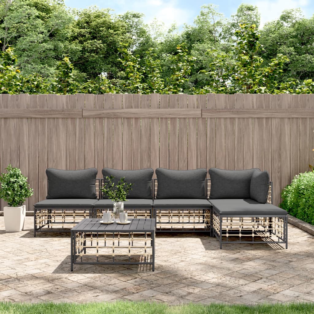 6-Delige Loungeset Met Kussens Poly Rattan Antracietkleurig 1 Donkergrijs hoek + 3x midden + voetensteun + Tafel