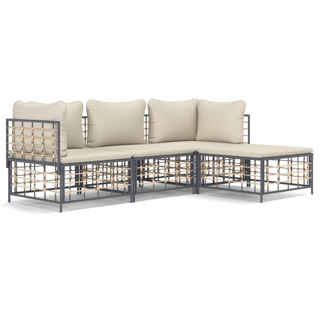 4-Delige Loungeset Met Kussens Poly Rattan Antracietkleurig 1 Beige 2x hoek + midden + voetensteun