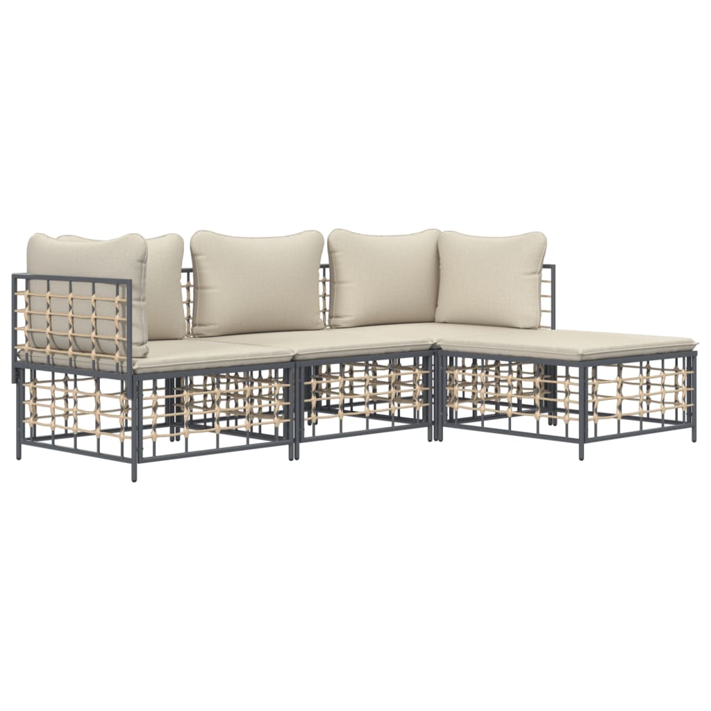 4-Delige Loungeset Met Kussens Poly Rattan Antracietkleurig 1 Beige 2x hoek + midden + voetensteun