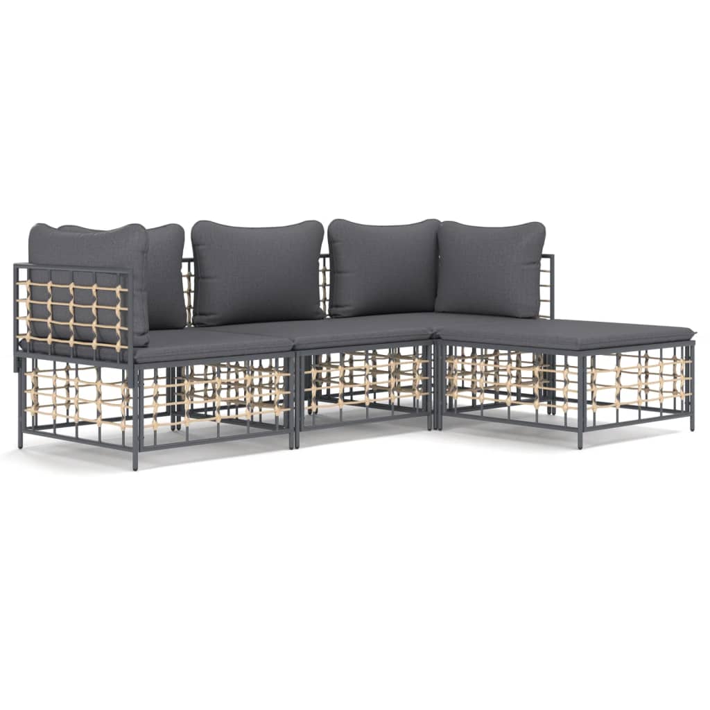 4-Delige Loungeset Met Kussens Poly Rattan Antracietkleurig 1 Donkergrijs 2x hoek + midden + voetensteun