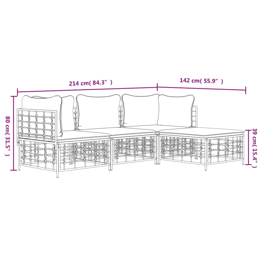 4-Delige Loungeset Met Kussens Poly Rattan Antracietkleurig 1 Donkergrijs 2x hoek + midden + voetensteun