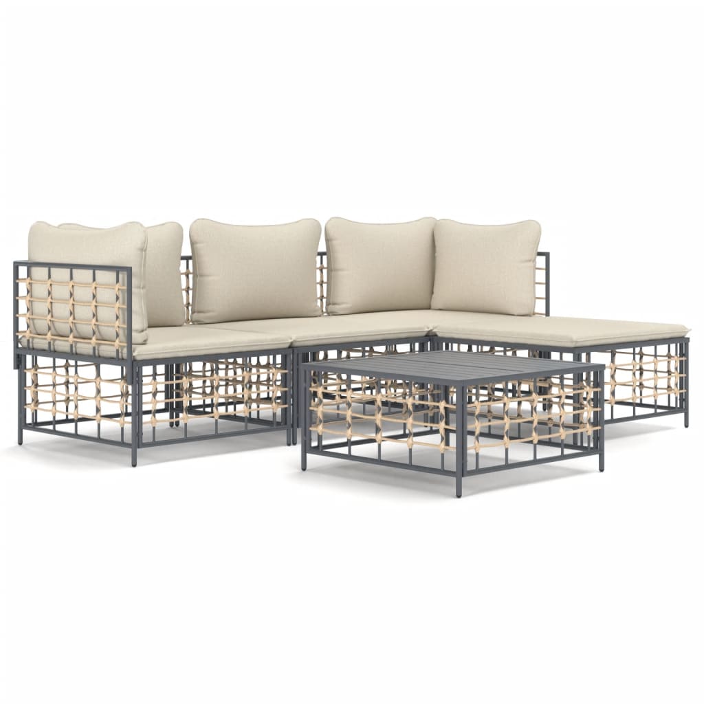 4-Delige Loungeset Met Kussens Poly Rattan Antracietkleurig 1 Beige 2x hoek + midden + voetensteun + Tafel