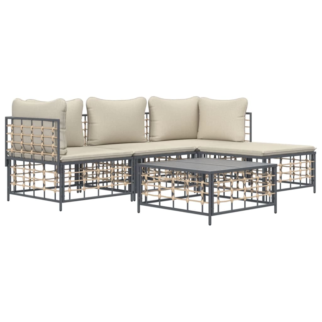 4-Delige Loungeset Met Kussens Poly Rattan Antracietkleurig 1 Beige 2x hoek + midden + voetensteun + Tafel