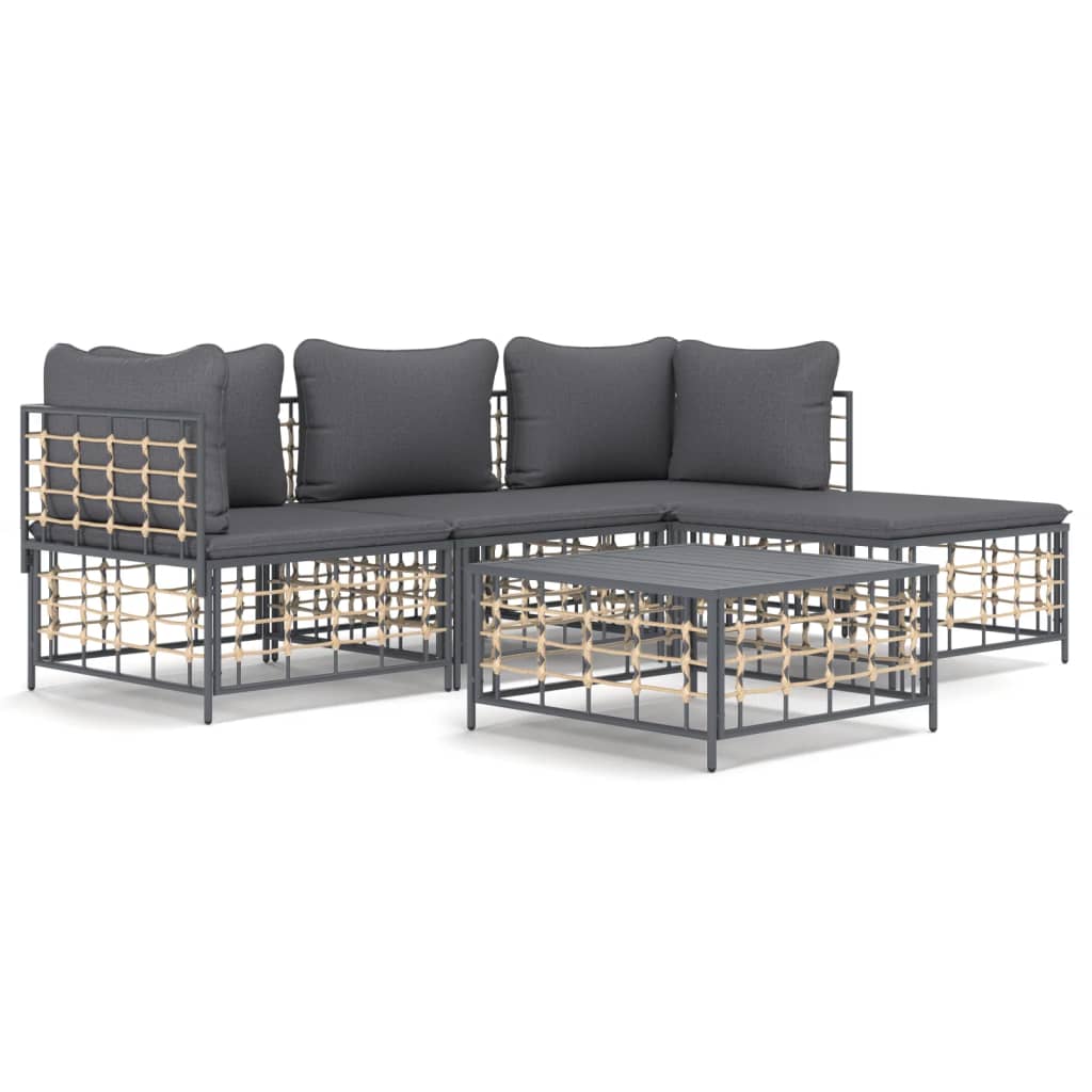 4-Delige Loungeset Met Kussens Poly Rattan Antracietkleurig 1 Donkergrijs 2x hoek + midden + voetensteun + Tafel