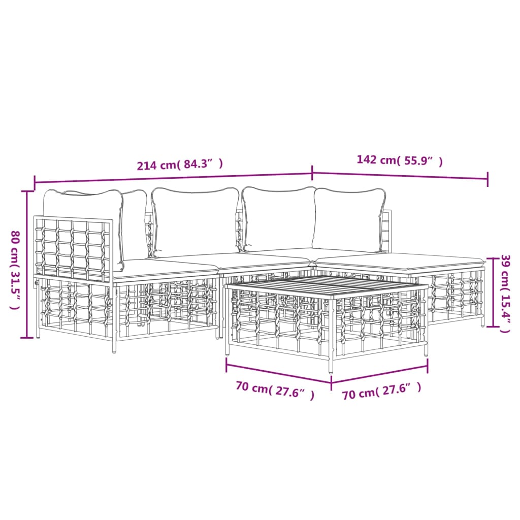 4-Delige Loungeset Met Kussens Poly Rattan Antracietkleurig 1 Donkergrijs 2x hoek + midden + voetensteun + Tafel