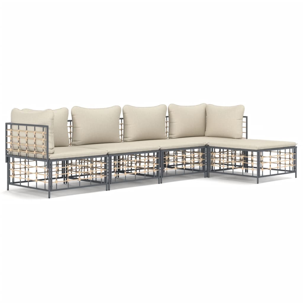 5-Delige Loungeset Met Kussens Poly Rattan Antracietkleurig 1 Beige 2x hoek + 2x midden + voetensteun