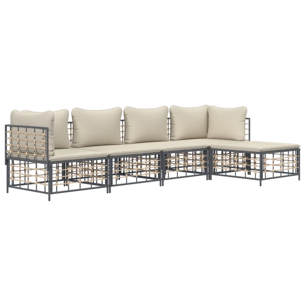 5-Delige Loungeset Met Kussens Poly Rattan Antracietkleurig 1 Beige 2x hoek + 2x midden + voetensteun