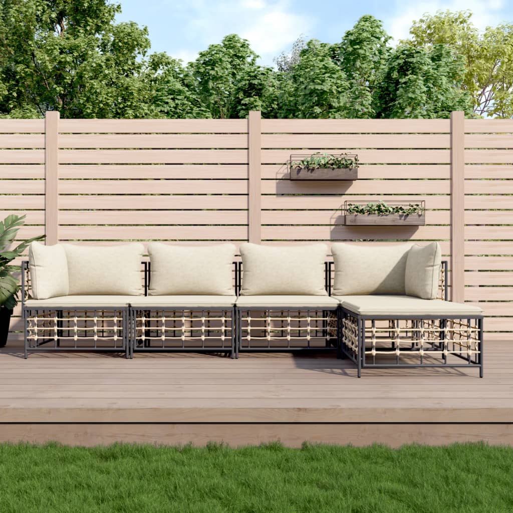 5-Delige Loungeset Met Kussens Poly Rattan Antracietkleurig 1 Beige 2x hoek + 2x midden + voetensteun