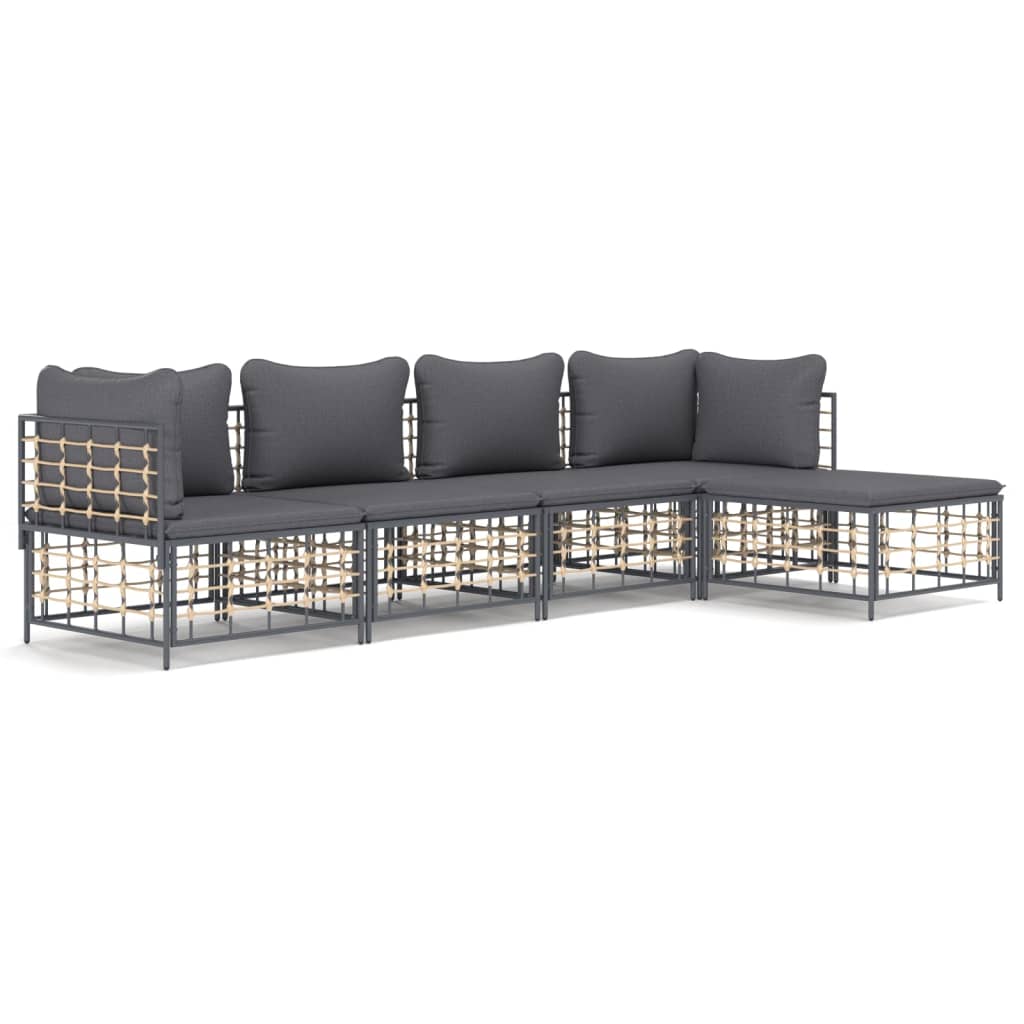 5-Delige Loungeset Met Kussens Poly Rattan Antracietkleurig 1 Donkergrijs 2x hoek + 2x midden + voetensteun