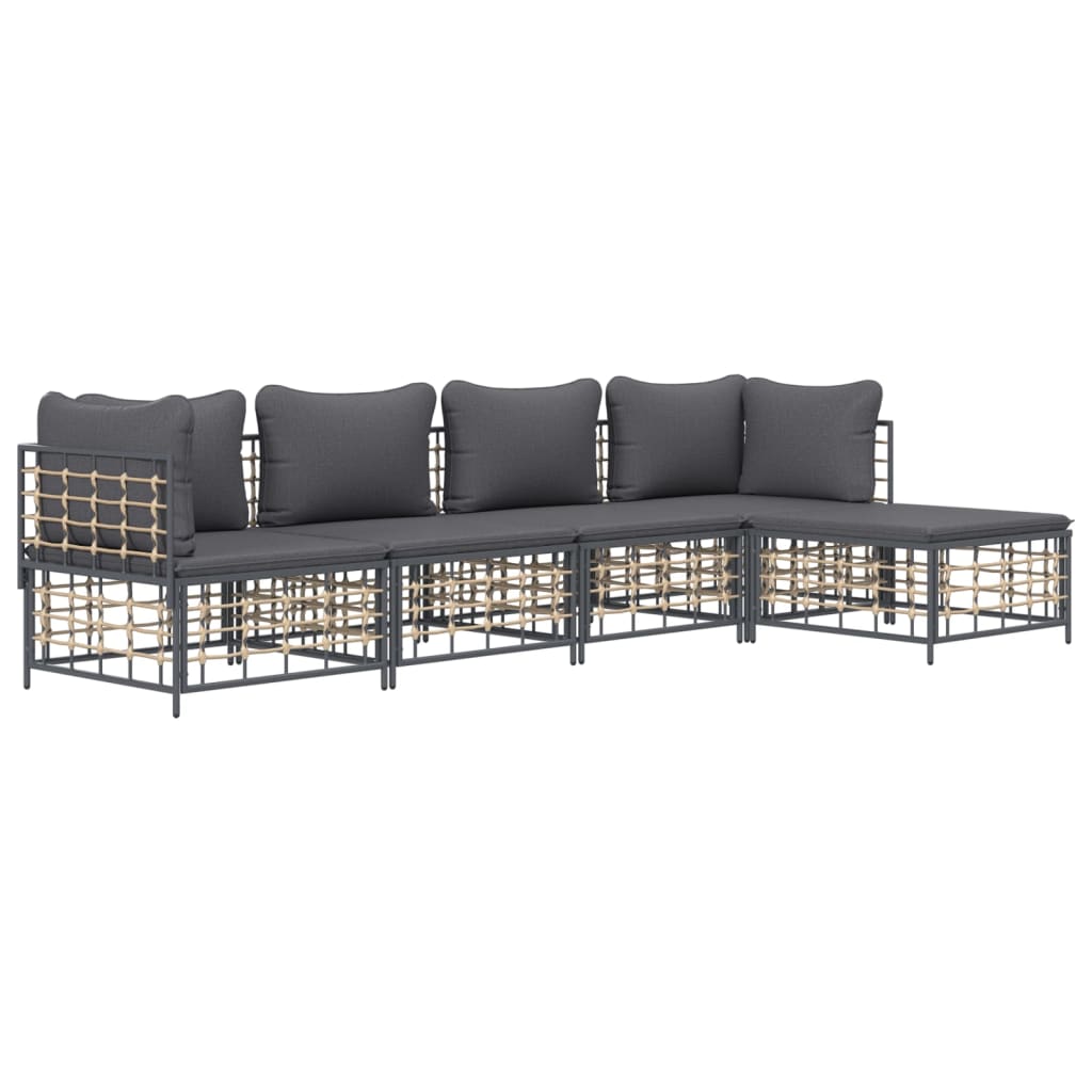 5-Delige Loungeset Met Kussens Poly Rattan Antracietkleurig 1 Donkergrijs 2x hoek + 2x midden + voetensteun