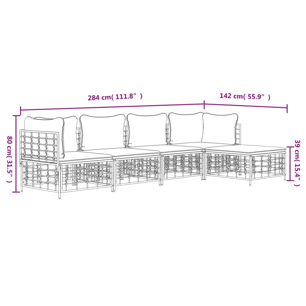 5-Delige Loungeset Met Kussens Poly Rattan Antracietkleurig 1 Donkergrijs 2x hoek + 2x midden + voetensteun