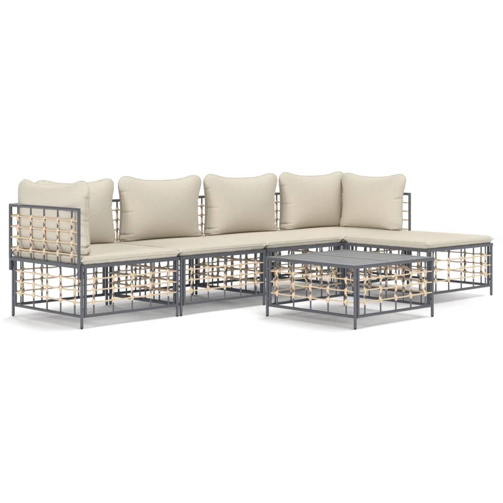 6-Delige Loungeset Met Kussens Poly Rattan Antracietkleurig 1 Beige 2x hoek + 2x midden + voetensteun + Tafel