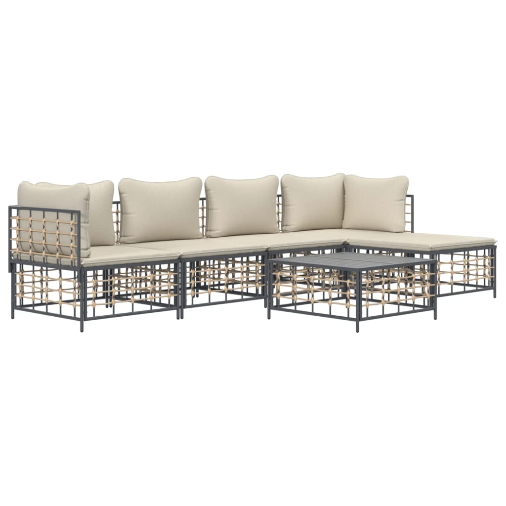 6-Delige Loungeset Met Kussens Poly Rattan Antracietkleurig 1 Beige 2x hoek + 2x midden + voetensteun + Tafel