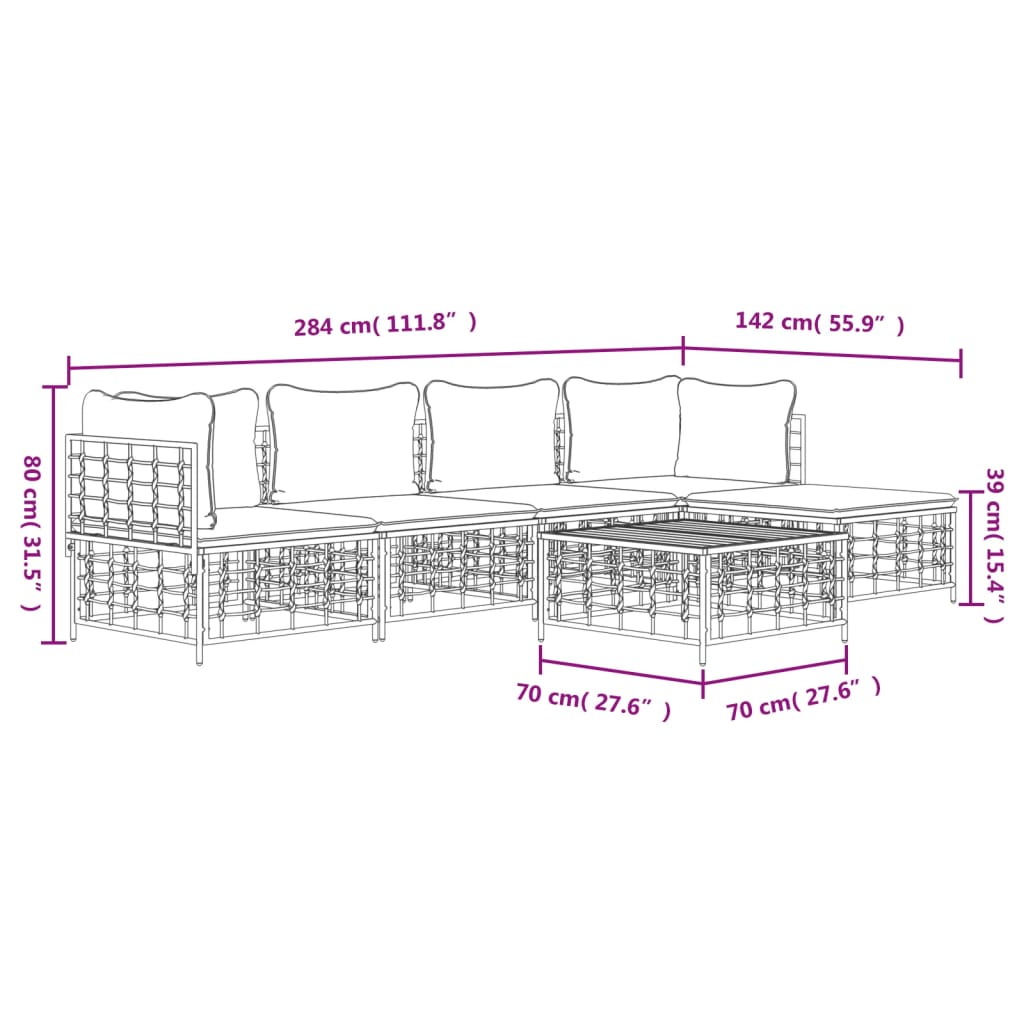 6-Delige Loungeset Met Kussens Poly Rattan Antracietkleurig 1 Beige 2x hoek + 2x midden + voetensteun + Tafel