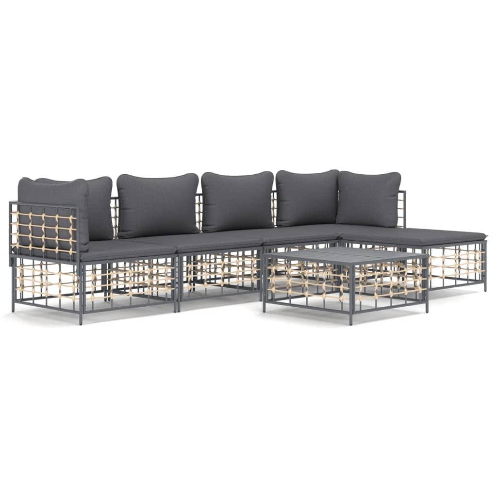 6-Delige Loungeset Met Kussens Poly Rattan Antracietkleurig 1 Donkergrijs 2x hoek + 2x midden + voetensteun + Tafel