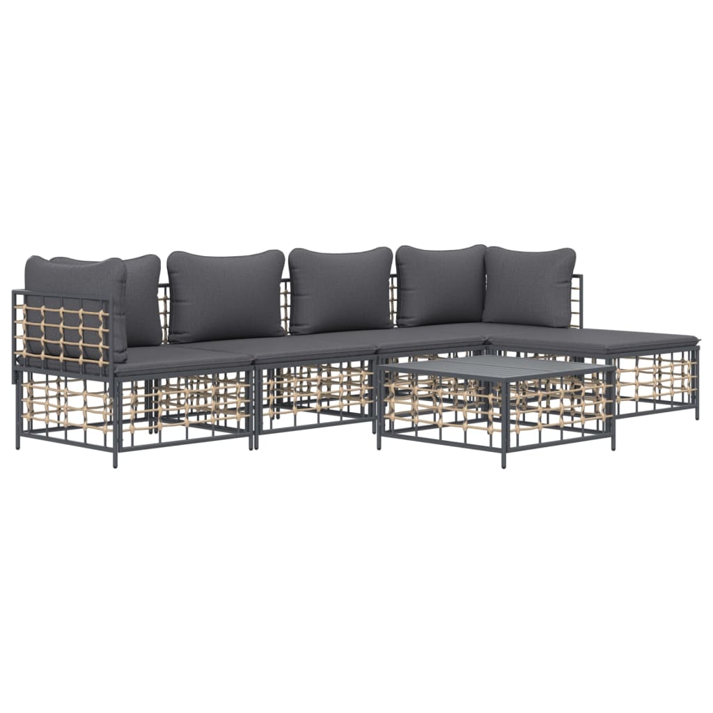 6-Delige Loungeset Met Kussens Poly Rattan Antracietkleurig 1 Donkergrijs 2x hoek + 2x midden + voetensteun + Tafel