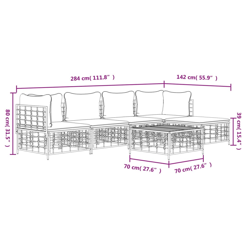 6-Delige Loungeset Met Kussens Poly Rattan Antracietkleurig 1 Donkergrijs 2x hoek + 2x midden + voetensteun + Tafel