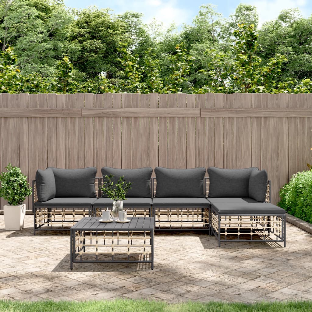 6-Delige Loungeset Met Kussens Poly Rattan Antracietkleurig 1 Donkergrijs 2x hoek + 2x midden + voetensteun + Tafel