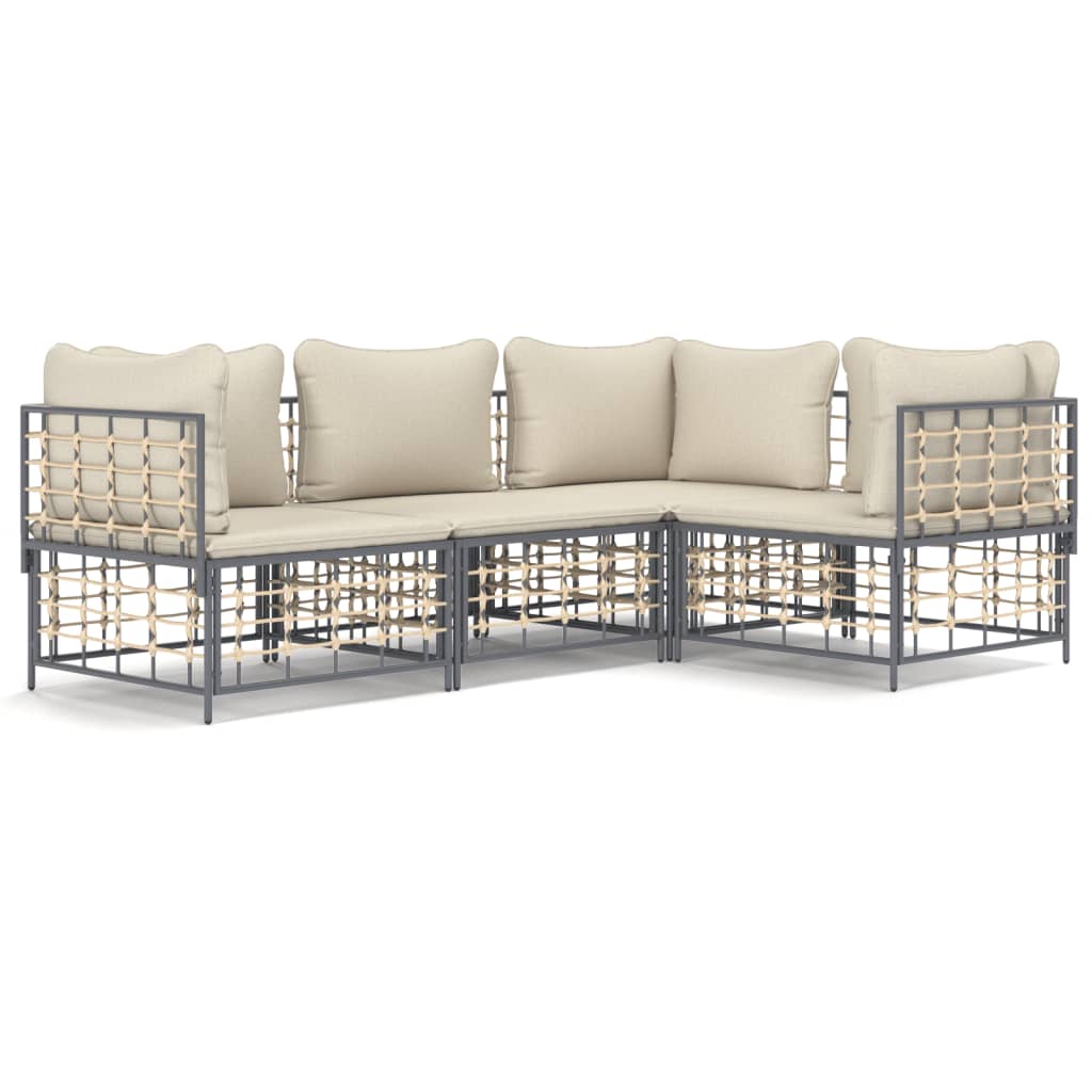 4-Delige Loungeset Met Kussens Poly Rattan Antracietkleurig 1 Beige 3x hoek + midden