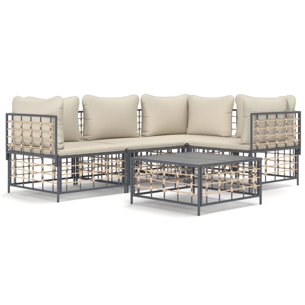 5-Delige Loungeset Met Kussens Poly Rattan Antracietkleurig 1 Beige 3x hoek + midden + Tafel