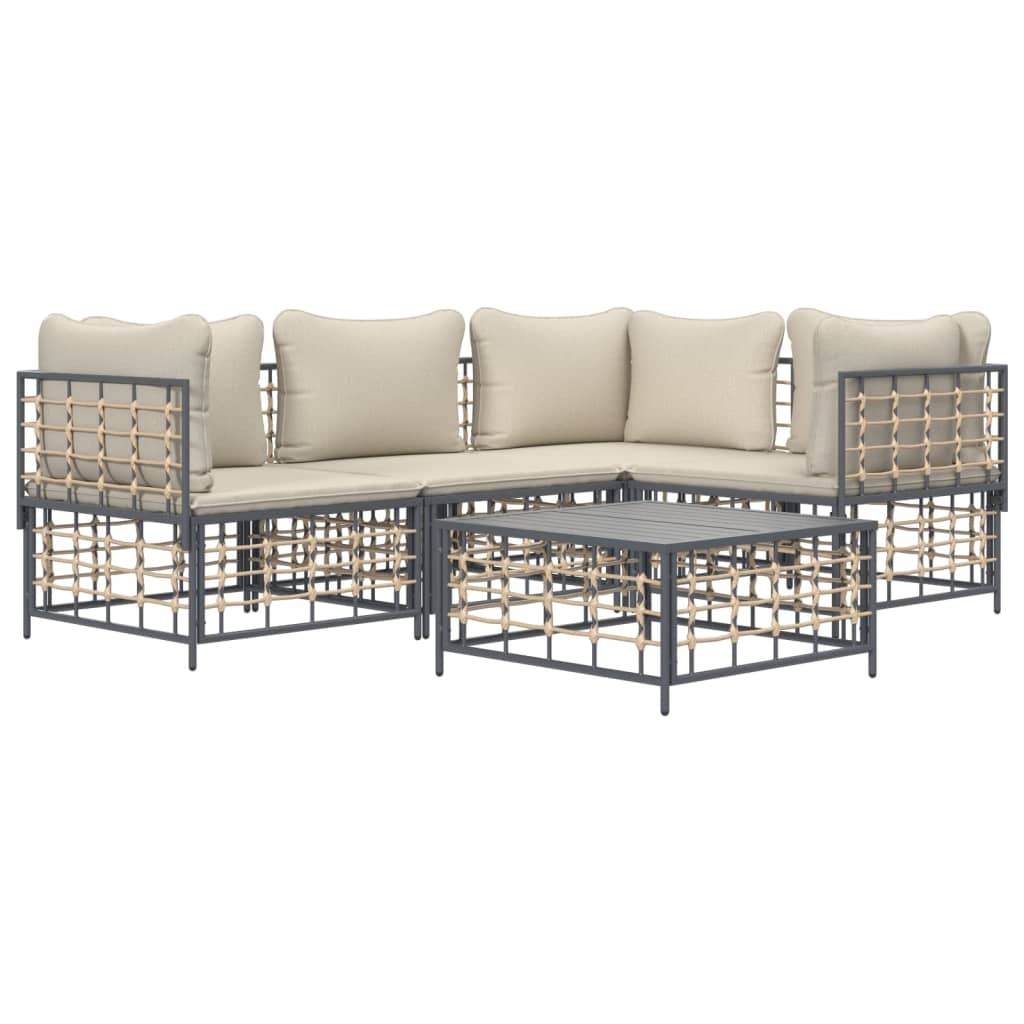 5-Delige Loungeset Met Kussens Poly Rattan Antracietkleurig 1 Beige 3x hoek + midden + Tafel