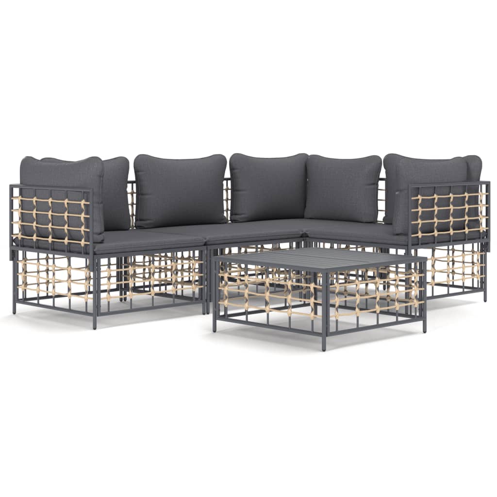 5-Delige Loungeset Met Kussens Poly Rattan Antracietkleurig 1 Donkergrijs 3x hoek + midden + Tafel