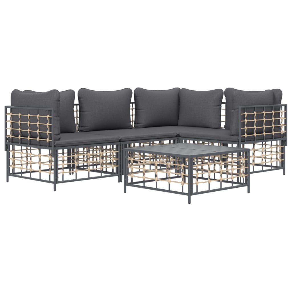 5-Delige Loungeset Met Kussens Poly Rattan Antracietkleurig 1 Donkergrijs 3x hoek + midden + Tafel