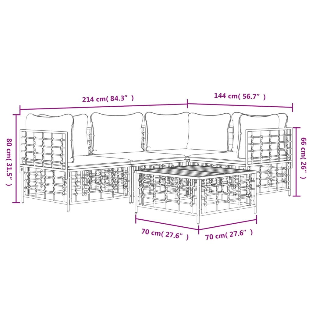 5-Delige Loungeset Met Kussens Poly Rattan Antracietkleurig 1 Donkergrijs 3x hoek + midden + Tafel