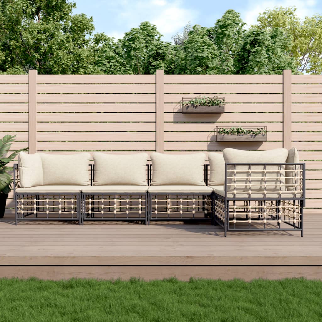 5-Delige Loungeset Met Kussens Poly Rattan Antracietkleurig 1 Beige 3x hoek + 2x midden