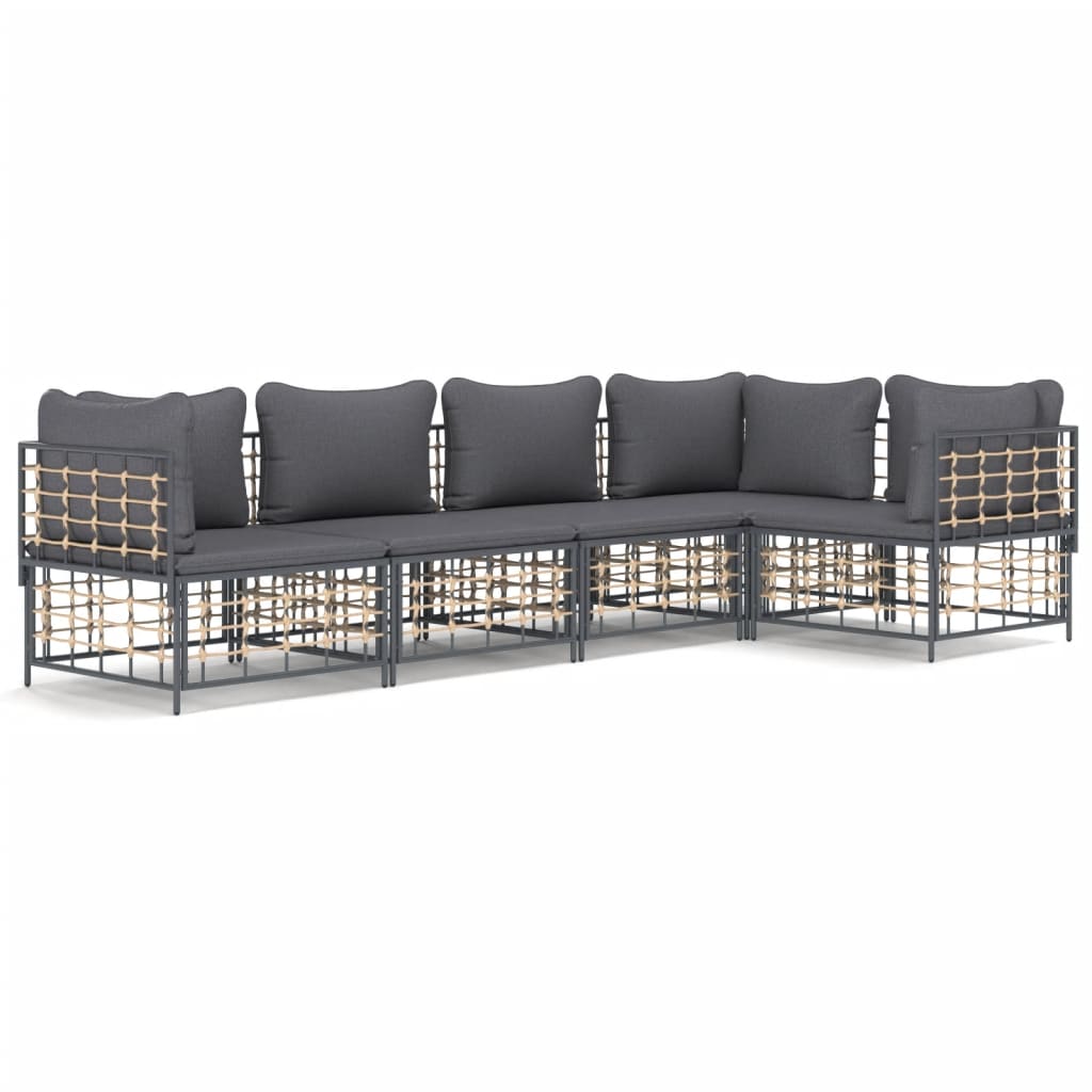 5-Delige Loungeset Met Kussens Poly Rattan Antracietkleurig 1 Donkergrijs 3x hoek + 2x midden