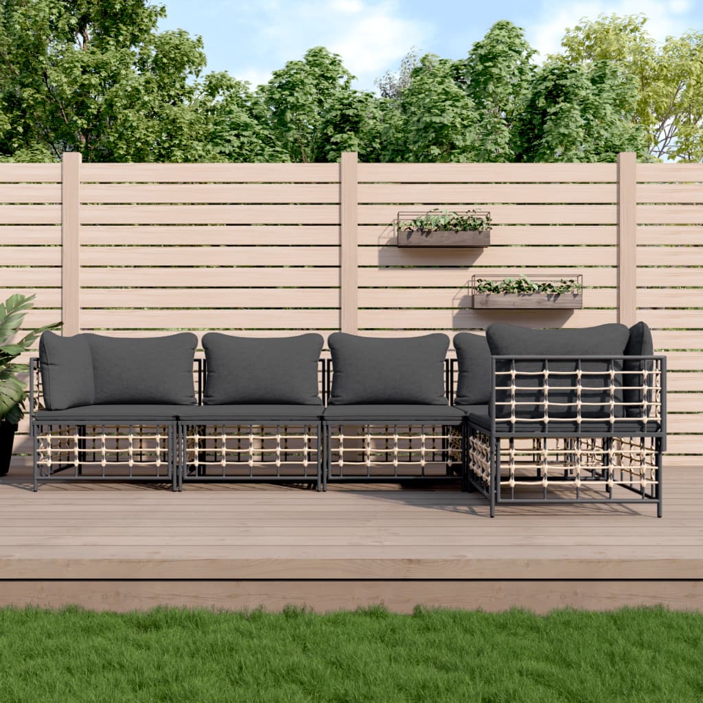 5-Delige Loungeset Met Kussens Poly Rattan Antracietkleurig 1 Donkergrijs 3x hoek + 2x midden