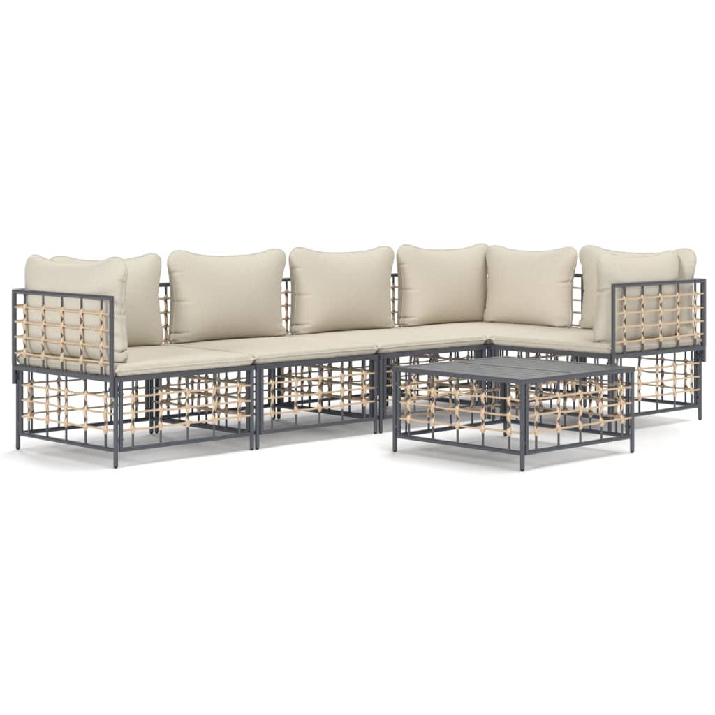 6-Delige Loungeset Met Kussens Poly Rattan Antracietkleurig 1 Beige 3x hoek + 2x midden + Tafel