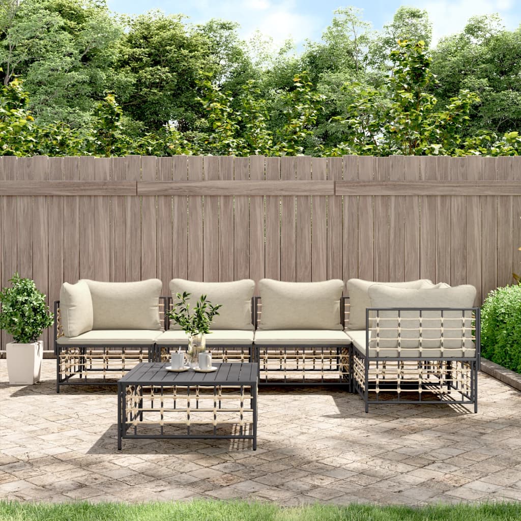 6-Delige Loungeset Met Kussens Poly Rattan Antracietkleurig 1 Beige 3x hoek + 2x midden + Tafel