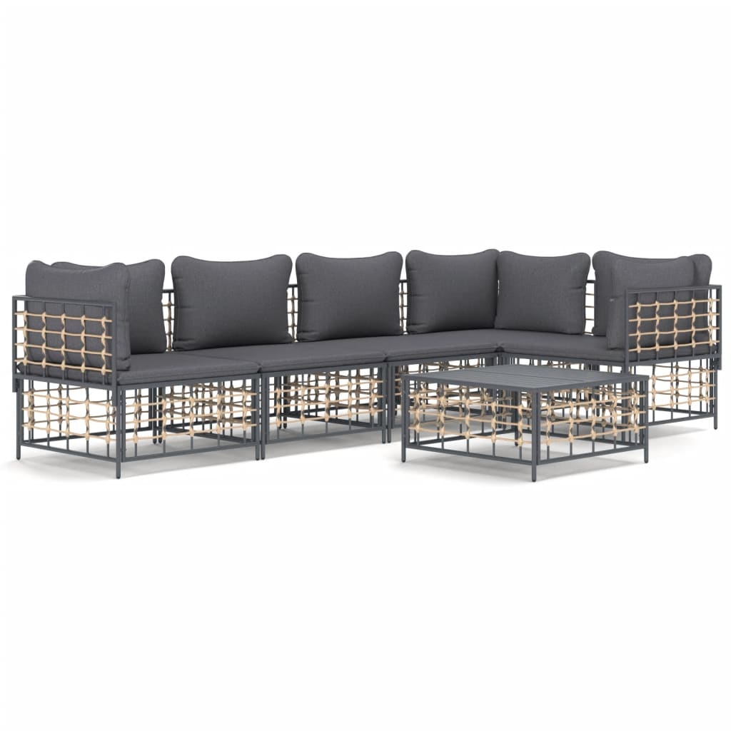 6-Delige Loungeset Met Kussens Poly Rattan Antracietkleurig 1 Donkergrijs 3x hoek + 2x midden + Tafel