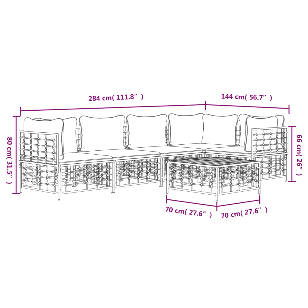 6-Delige Loungeset Met Kussens Poly Rattan Antracietkleurig 1 Donkergrijs 3x hoek + 2x midden + Tafel