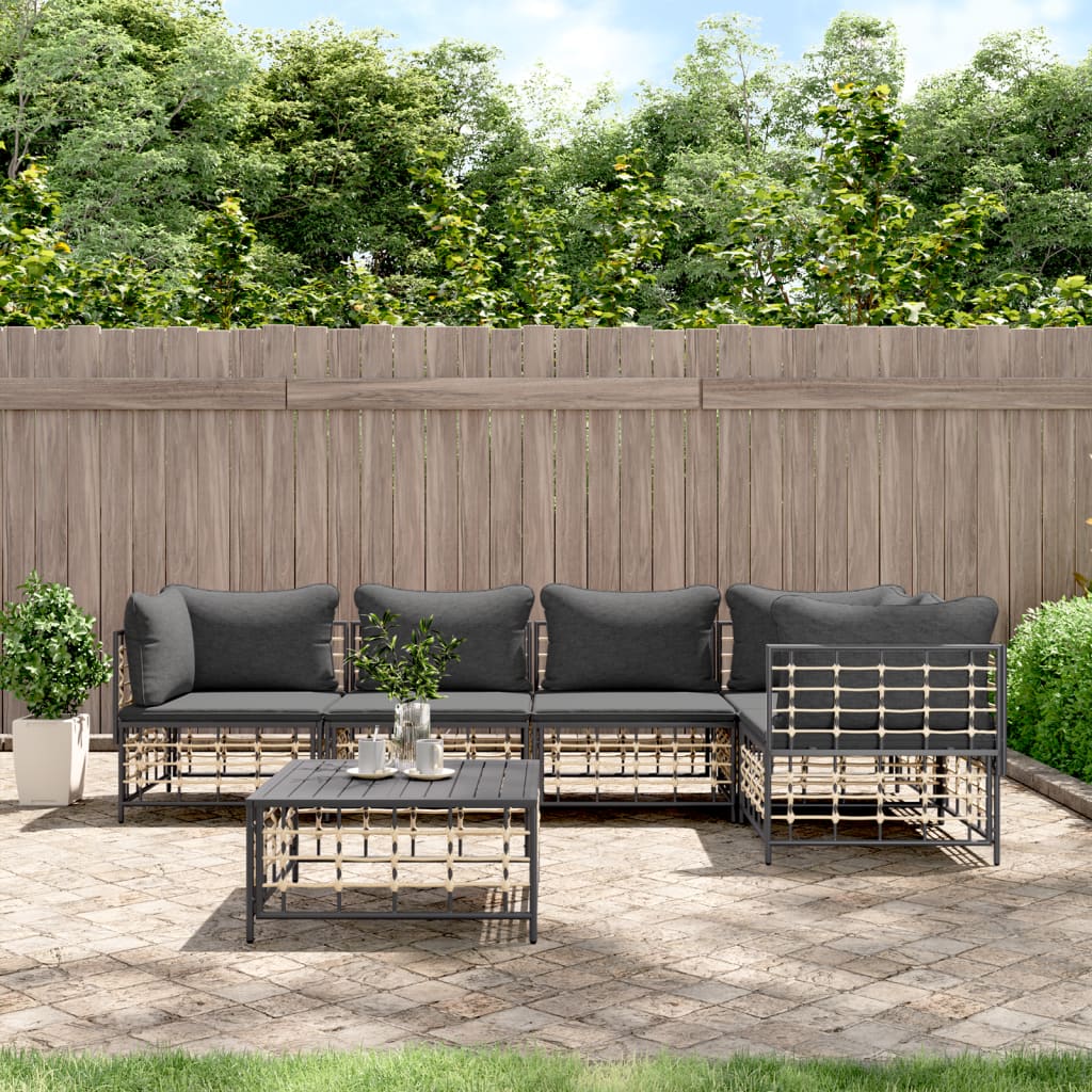 6-Delige Loungeset Met Kussens Poly Rattan Antracietkleurig 1 Donkergrijs 3x hoek + 2x midden + Tafel