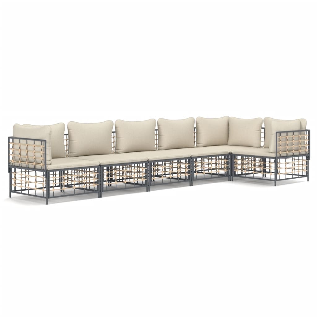 6-Delige Loungeset Met Kussens Poly Rattan Antracietkleurig 1 Beige 3x hoek + 3x midden