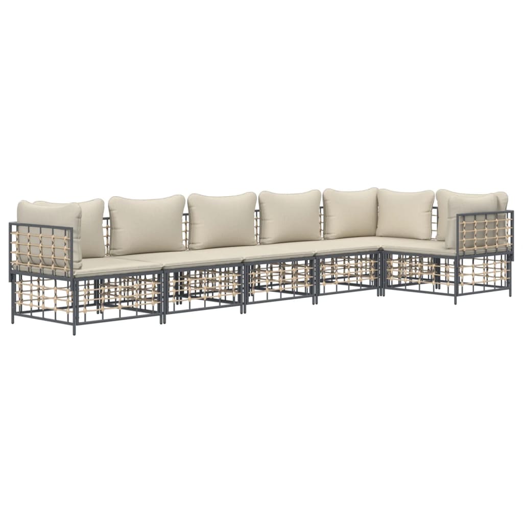 6-Delige Loungeset Met Kussens Poly Rattan Antracietkleurig 1 Beige 3x hoek + 3x midden